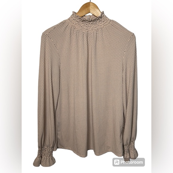 Adrianna Papell mock neck blouse preppy polka dots smocked neck & bubble sleeve - Picture 1 of 6